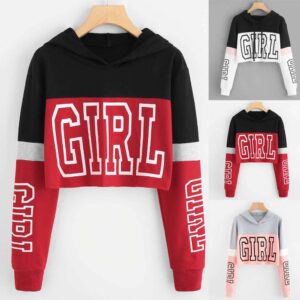 Women Crop Top Hoodies Sweatshirt Patchwork Lett