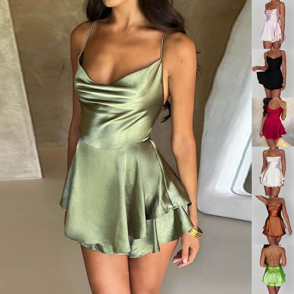 Women Sexy Suspender Skirt Satin Backless A-Line Dress