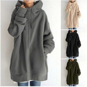 Women Long Full-Zip Fuzzy Hoodies Pullover Sweatshirt