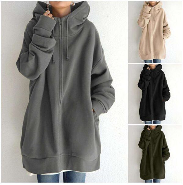 Women Long Full-Zip Fuzzy Hoodies Pullover Sweatshirt