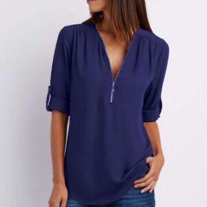 Women Zip V-neck Short Sleeve Loose Summer Tops