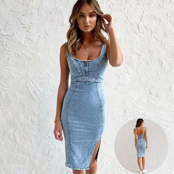 Women Casual Tight Slim Fit U-neck Suspender Denim Dress