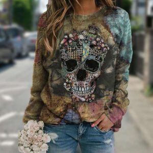 Women Long Sleeve Skull Print Sweatshirt