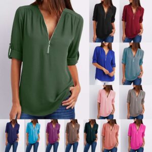 Women Zip V-neck Short Sleeve Loose Summer Tops