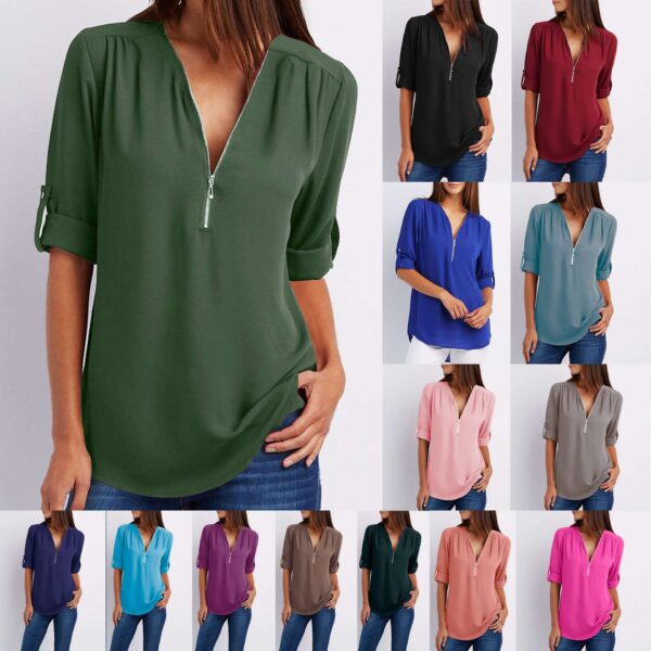 Women Zip V-neck Short Sleeve Loose Summer Tops