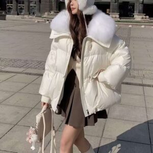 Down Cotton-padded Jacket Women's Short Fur Collar Thickened Coat Winter Clothing white