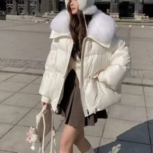 Down Cotton-padded Jacket Women's Short Fur Collar Thickened Coat Winter Clothing white