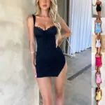Women Sexy V-neck Suspender Dress Summer Lace Slim Slit Skirt