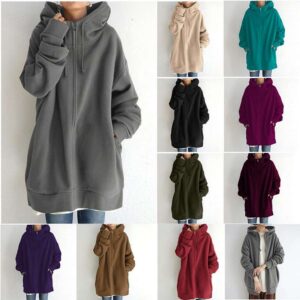 Women Long Full-Zip Fuzzy Hoodies Pullover Sweatshirt