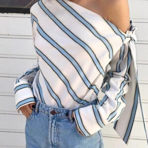 Women Long-sleeved Wind Stripe Oblique Shoulder Bow Shirt