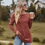 Women Round Neck Brushed Sunken Stripe Long Sleeves T-shirt