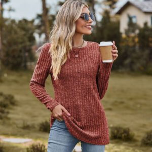 Women Round Neck Brushed Sunken Stripe Long Sleeves T-shirt