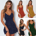 Women Polka-dot Strappy Dress Summer Fashion Beach Sundress