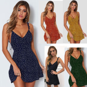 Women Polka-dot Strappy Dress Summer Fashion Beach Sundress