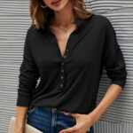 Women Solid Color Pit Stripe V Collar Button Shirt