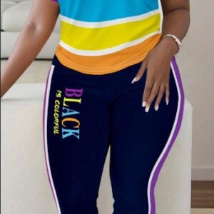 Women Colorful Stripe Print T-Shirt And Pants Casual Set