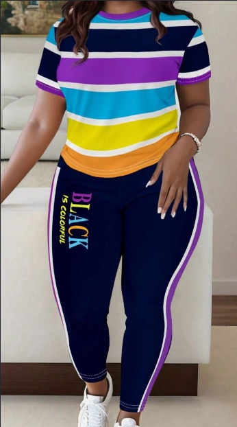 Women Colorful Stripe Print T-Shirt And Pants Casual Set