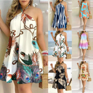 Women Printed Dress Summer Off-Shoulder Hanging Neck Sleeveless Sexy Dresses