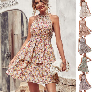 Womens Summer Printed Halter Dress Fashion Boho Backless Ruffled A-Line Beach Dresses