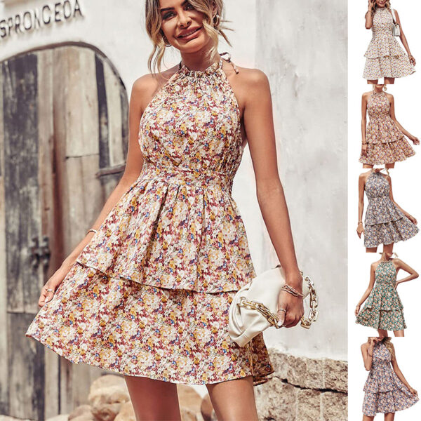 Womens Summer Printed Halter Dress Fashion Boho Backless Ruffled A-Line Beach Dresses