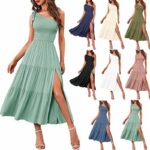 Women One-shoulder Pleated Layered Hem Split Dress