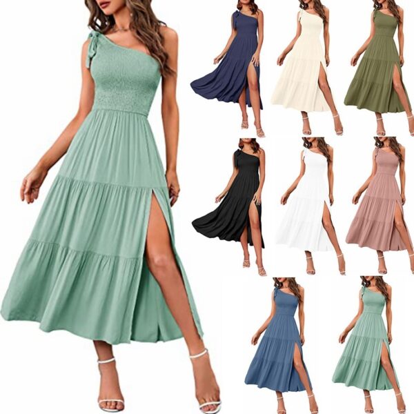 Women One-shoulder Pleated Layered Hem Split Dress