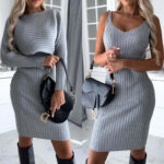 Women Solid Stripe Long-sleeved Top And Tight