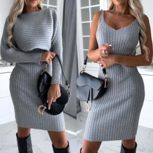 Women Solid Stripe Long-sleeved Top And Tight