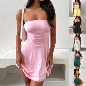 Women Y2K Tube-top Short Dress Summer Sexy Pleated Tight Dresses
