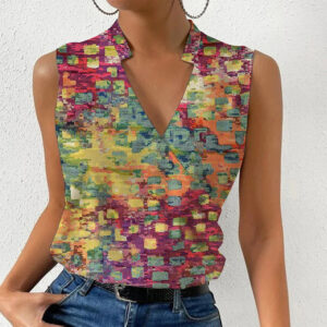 Women Printed Tops Summer V-neck Sleeveless T-shirt - coutureoutfit