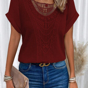 Women Short-sleeved Hollow Out T-shirt Summer Fashion Ethnic Style Tops