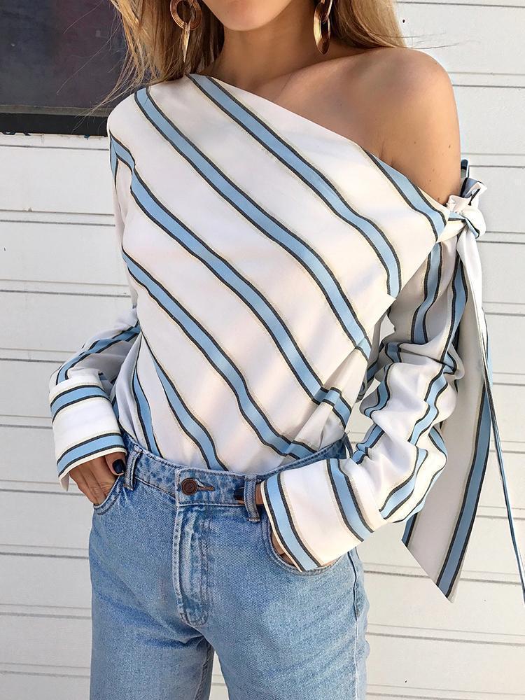 Best Women's Summer Tops - Women Long-sleeved Wind Stripe Oblique Shoulder Bow Shirt - coutureoutfit