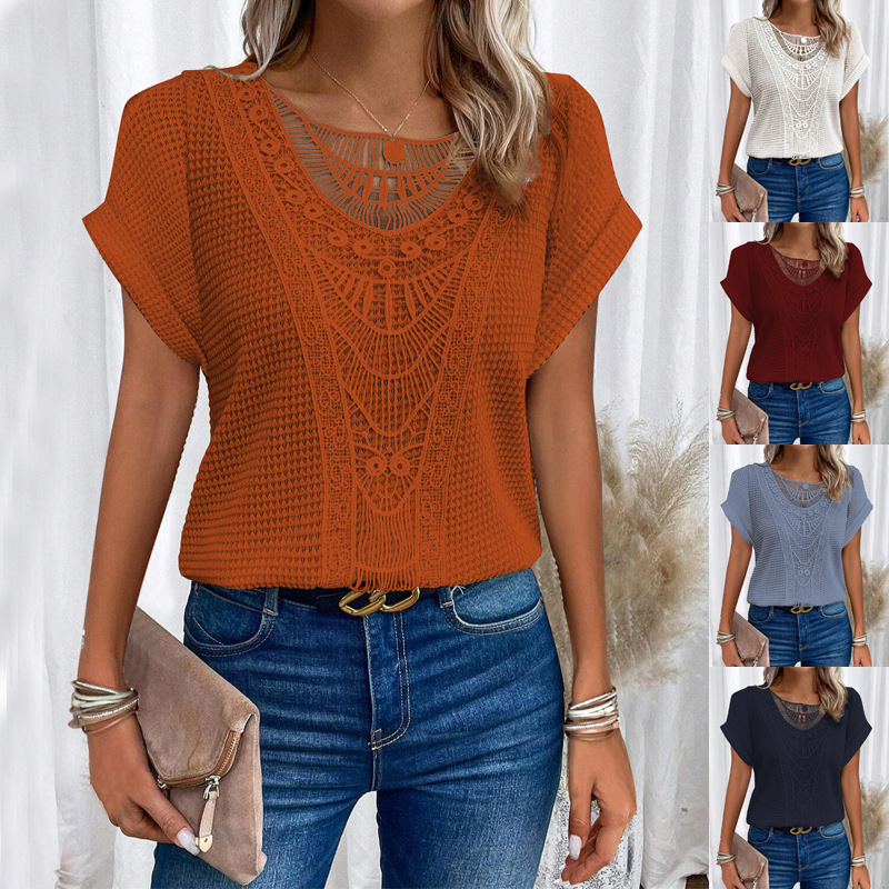 Best Women's Summer Tops - Women Short-sleeved Hollow Out T-shirt Summer Fashion Ethnic Style Tops - coutureoutfit